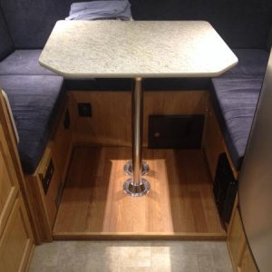 My Temporary Base for the Table.
base is 2 x 3/4" Plywood cut to fit the floor, finished with hardwood to match the escape cabinets.