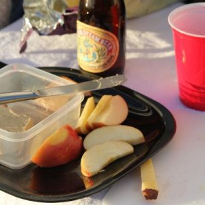 We were too tired to go out to eat so may do with odds and ends from the trip. Irish cheddar, pate, apple, beer and wine.