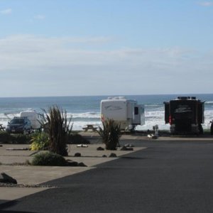 Our little trailer nestled next to the big boys.