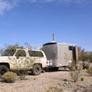 My first TT - A custom built, off-road Cargo trailer with 24" ground clearance; the same as my old K5 Blazer. Camp set up for a prospecting trip near 