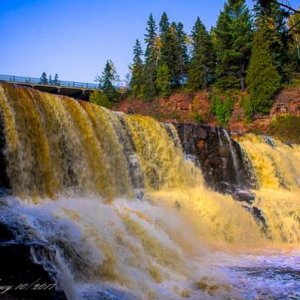 "Gooseberry Falls on Minnesota's North Shore" 
The falls were running wide and full from the recent rains; and the sun happened to catch the far side 