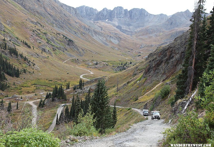 Approaching Cinnamon Pass switchbacks American Basin in the