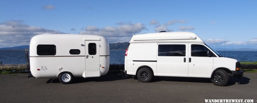 Accrete's van and trailer at the mouth of Columbia River