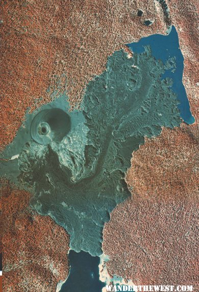 False-color aerial photo of Cinder Cone and the Fantastic Lava Beds