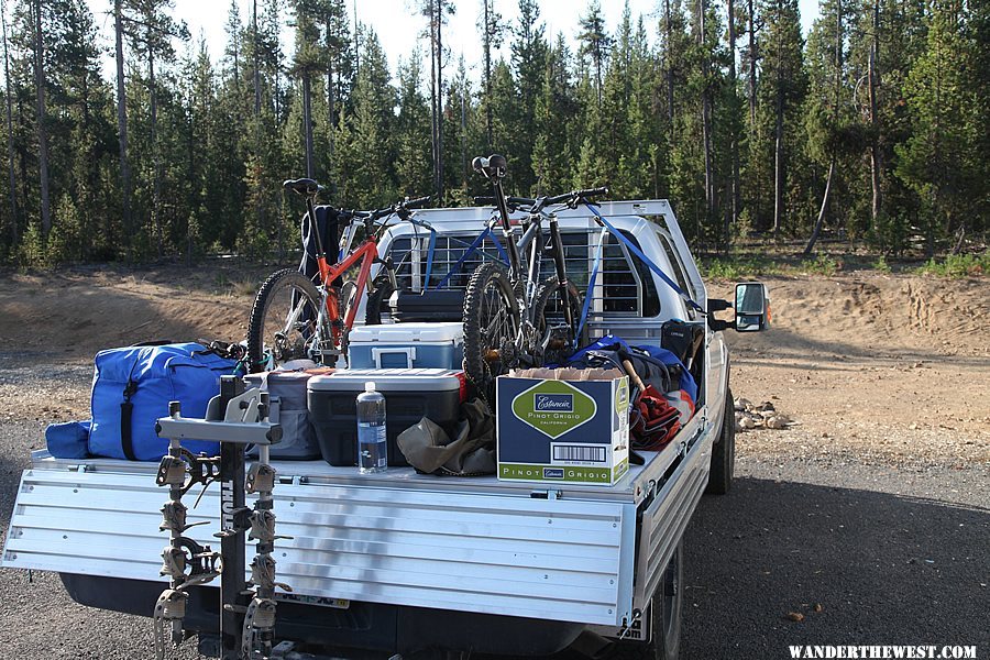 Flatbed loaded for a weekend of camping and bike racing