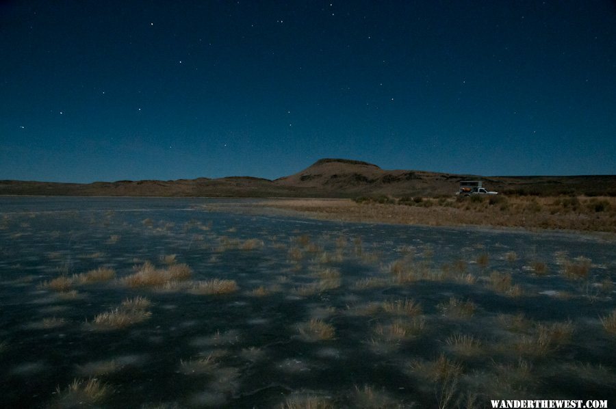 Frozen Big Spring Reservoir Camp at Night