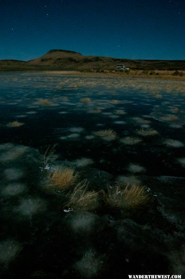 Frozen Big Spring Reservoir Camp at Night