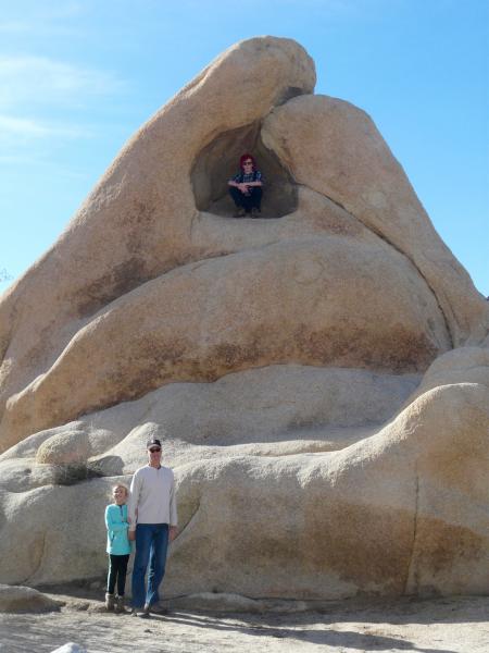 Grandson, Michael in the cave, granddaughter, Layla Mae with Aampa on the ground.  Joshua Tree NP 2017