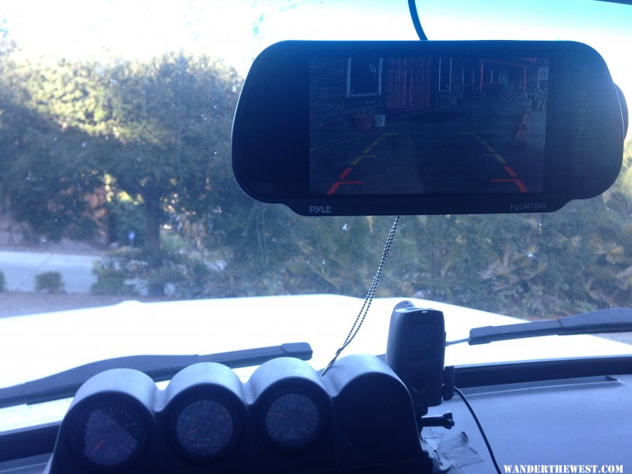 Podman Dash Pod w/Gauges, Brinno Time Lapse Camera and Pyle Backup Camera Monitor over Rear View Mirror