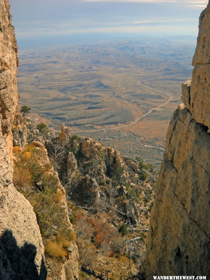 Visitors' Center, Pine Springs CG, and US Highway 62/180 3500 ft Below