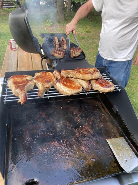 We had visitors for supper !
Pork chops on the griddle, rib eyes on the Weber.